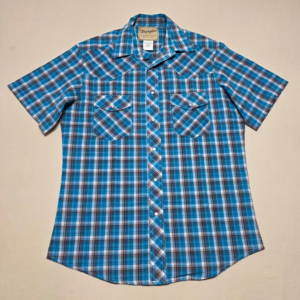 Wrangler Men Western Pearl Snap Shirt Medium Blue/Teal Plaid Short Sleeve Slim